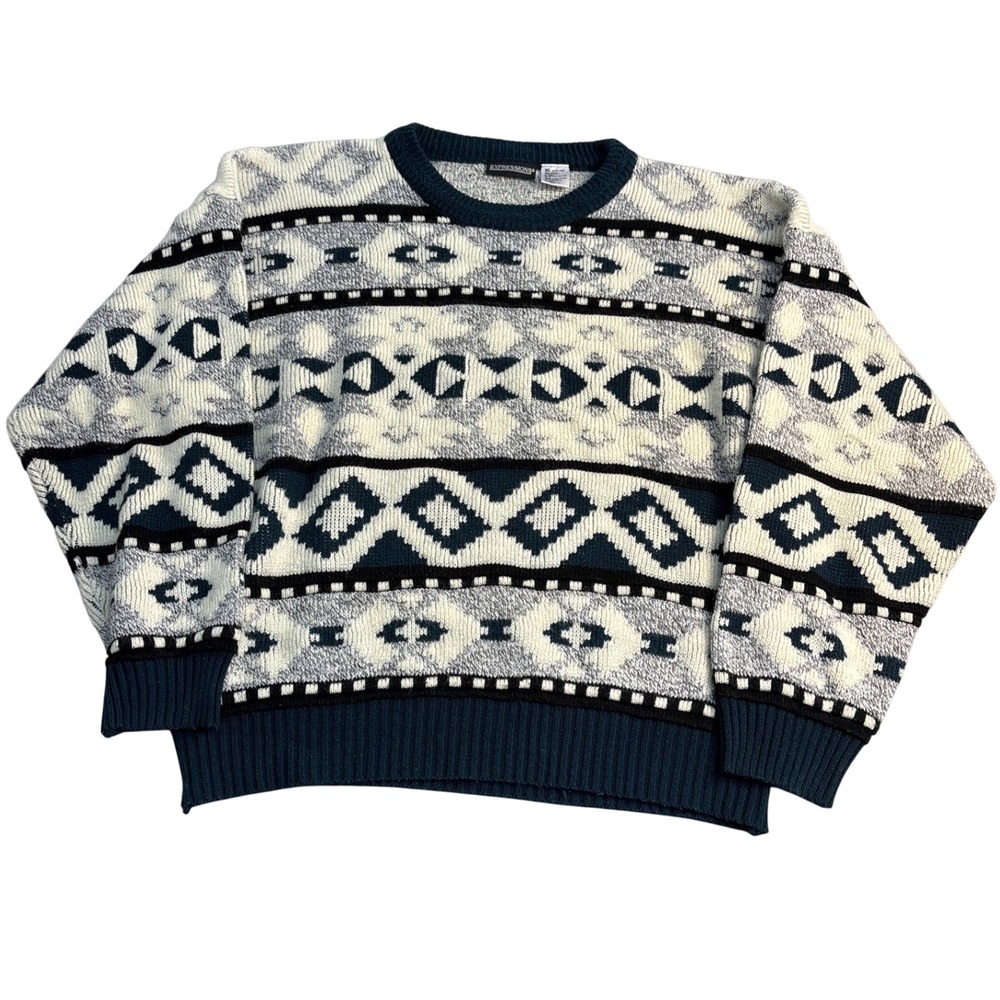 Expressions Vintage Mens XL Geometric Tribal Knit Sweater Navy Grey Cream 90s